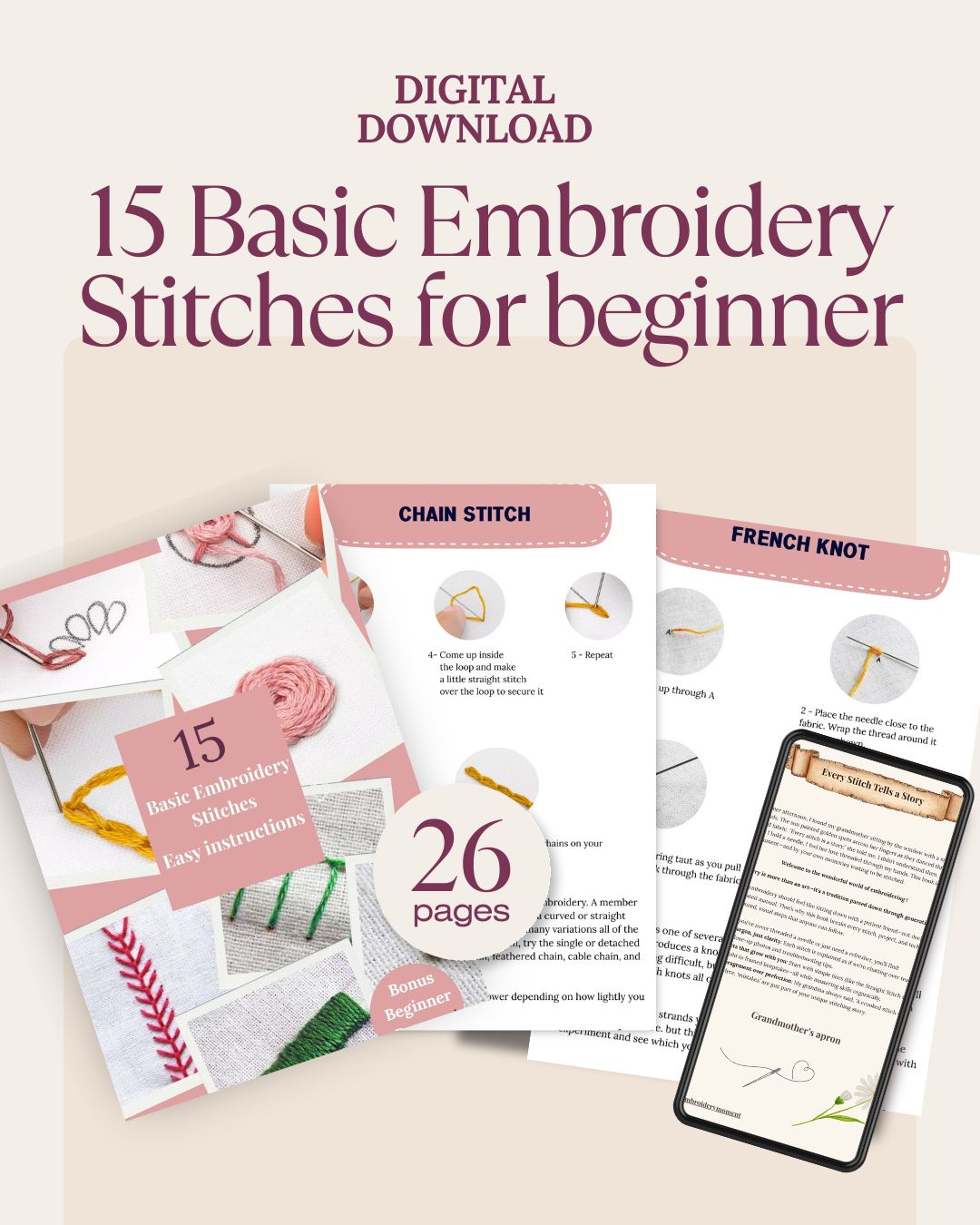 Hand Embroidery Stitch Guide, Step by Step 15 Beginner Stitch (PDF Digital Download)